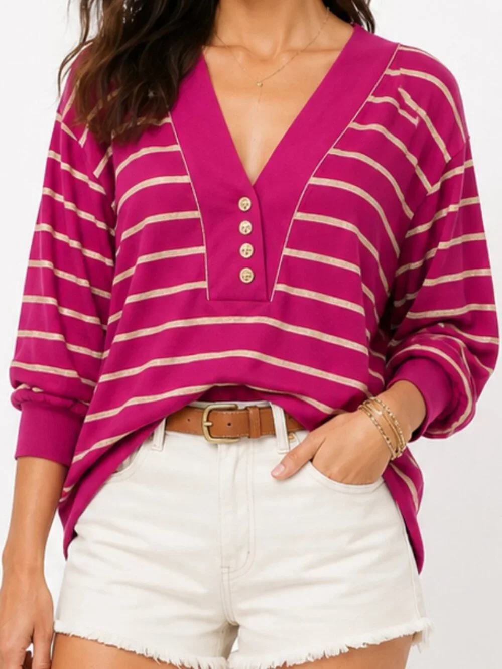 Vintage Fuchsia Striped V-Neck Sweater with Gold Accents - Size M